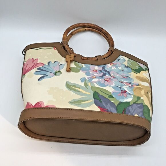 Fossil Hibiscus Boat Double Bamboo Handle  Bag Floral Purse 75082 Key Charm - Picture 7 of 11
